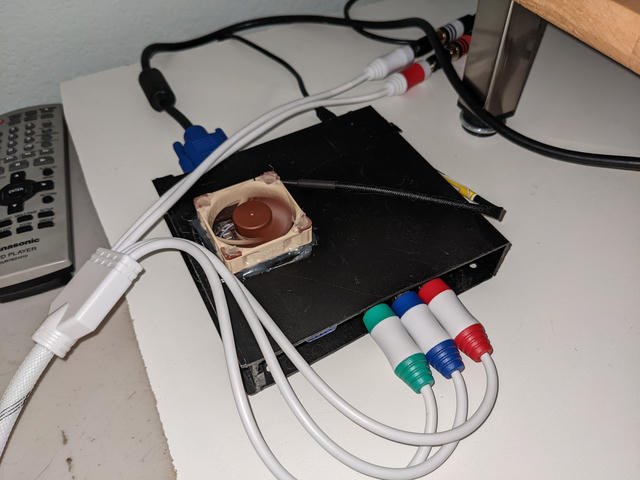 My GBS-Control in a homemade flimsy plastic case, now with a Noctua NF-A4x10 5V cooling fan plugged into the 5V power supply and blowing on the heatsink.